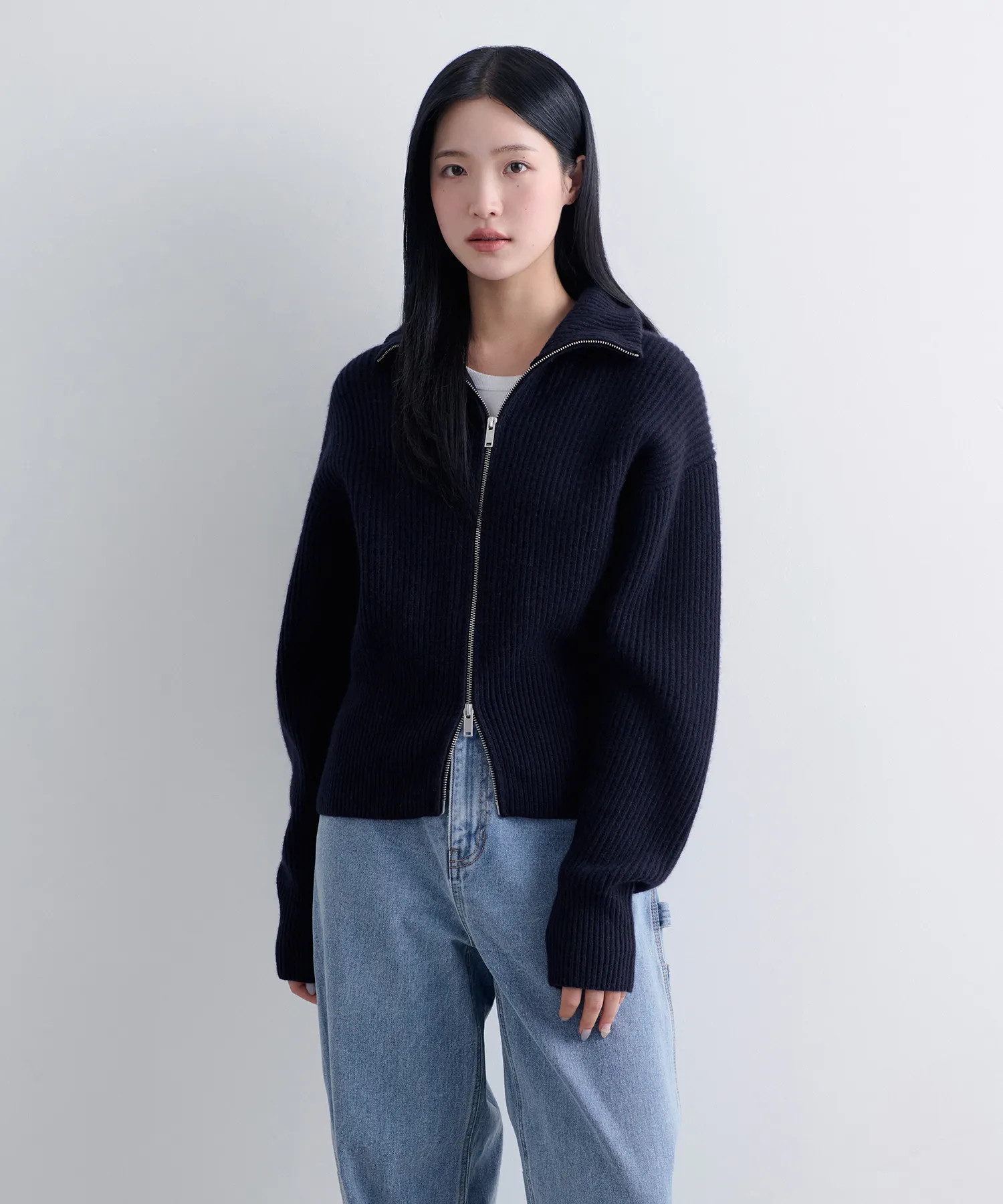 MUSINSA | MUSINSA STANDARD WOMAN WOMENS LAMBSWOOL RIBBED ZIP-UP KNIT TOP [NAVY] | Musinsa Global
