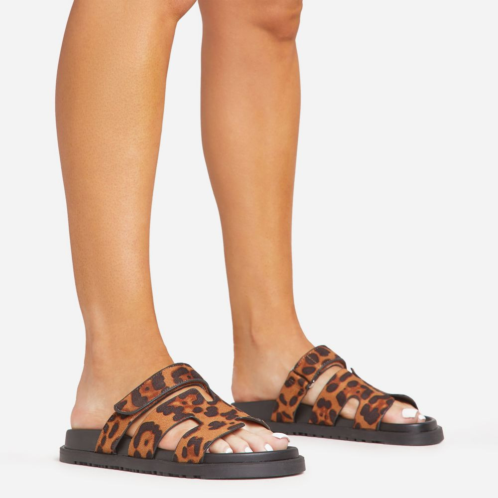 Valerie Gladiator Velcro Strap Flat Slider Sandal In Leopard Print Faux Suede | EGO Shoes (US & Canada)