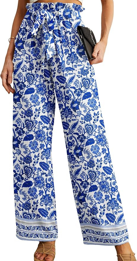 IWOLLENCE Women's Wide Leg Pants with Pockets High Waist Adjustable Knot Loose Casual Trousers Bu... | Amazon (US)
