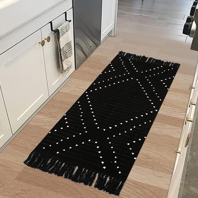 LIVEBOX Boho Kitchen Rug 2' x 4.3' Washable Bathroom Runner Rug with Tassel, Moroccan Black Area ... | Amazon (US)