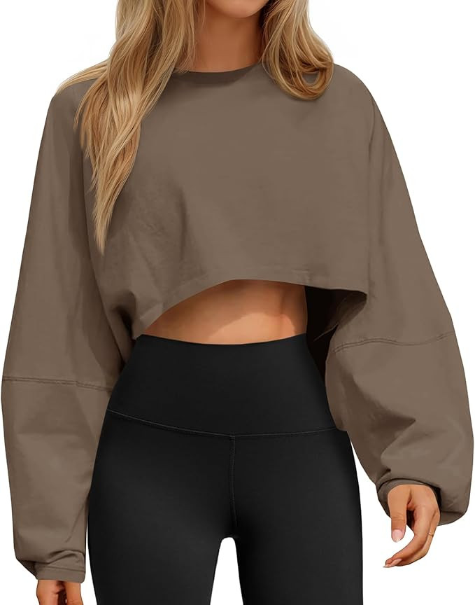 Tankaneo Womens Long Ballon Sleeve Sweatshirts Tops Cropped Crew Neck Loose Fit Casual Workout Sh... | Amazon (US)