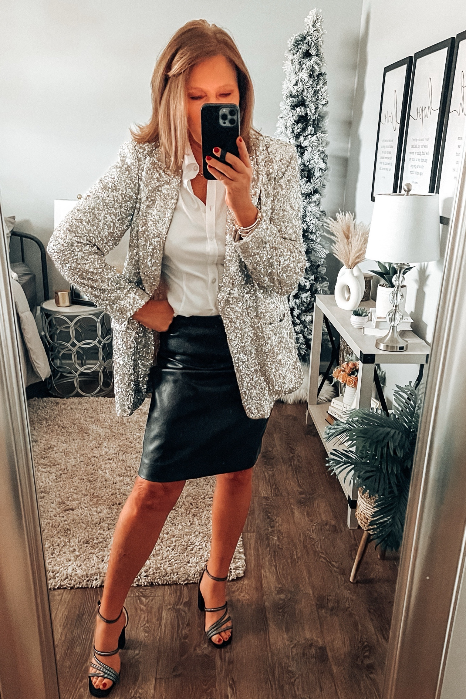 Spending Christmas 🎄 in Nashville this year plus NYE! Loving this sequin blazer to style with skirts or a great pair of wide leg jeans! Sales are hopping!! 

Sequin blazer, express, faux leather skirts, holiday heels, party outfit, Christmas outfit, party, gift guide, Christmas, NYE outfit 

#LTKHoliday #LTKover40 #LTKsalealert