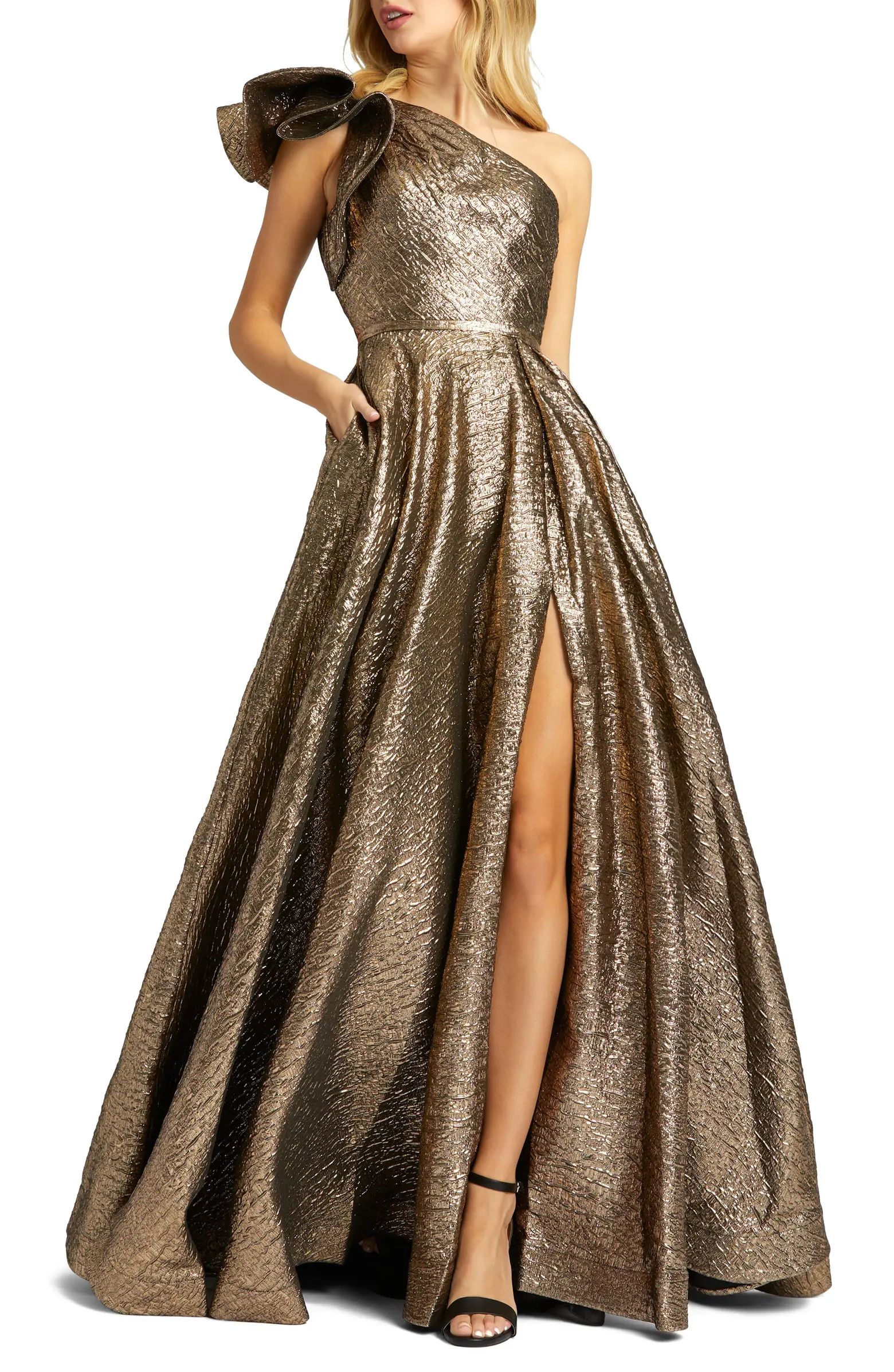 Crinkle Metallic Ruffle One Shoulder Gown | Nordstrom