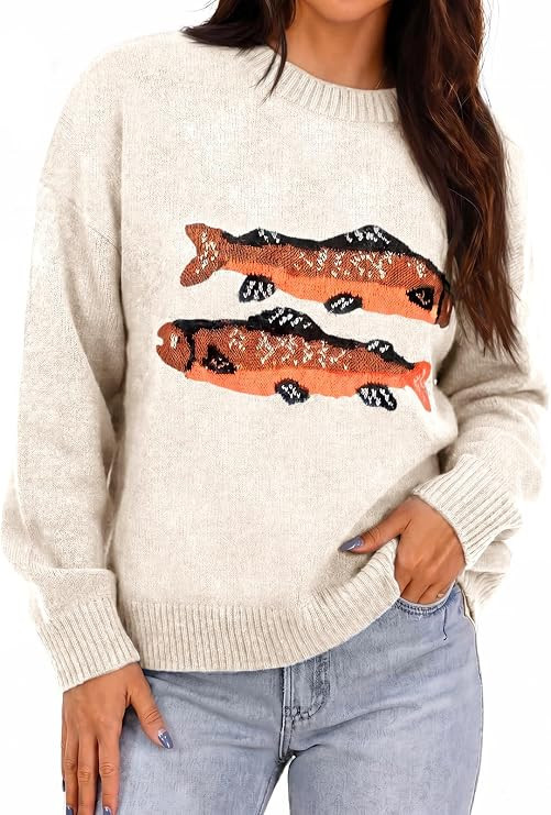 Flowyair Womens Fish Graphic Sweater Long Sleeve Knit Crew Neck Pullover | Amazon (US)
