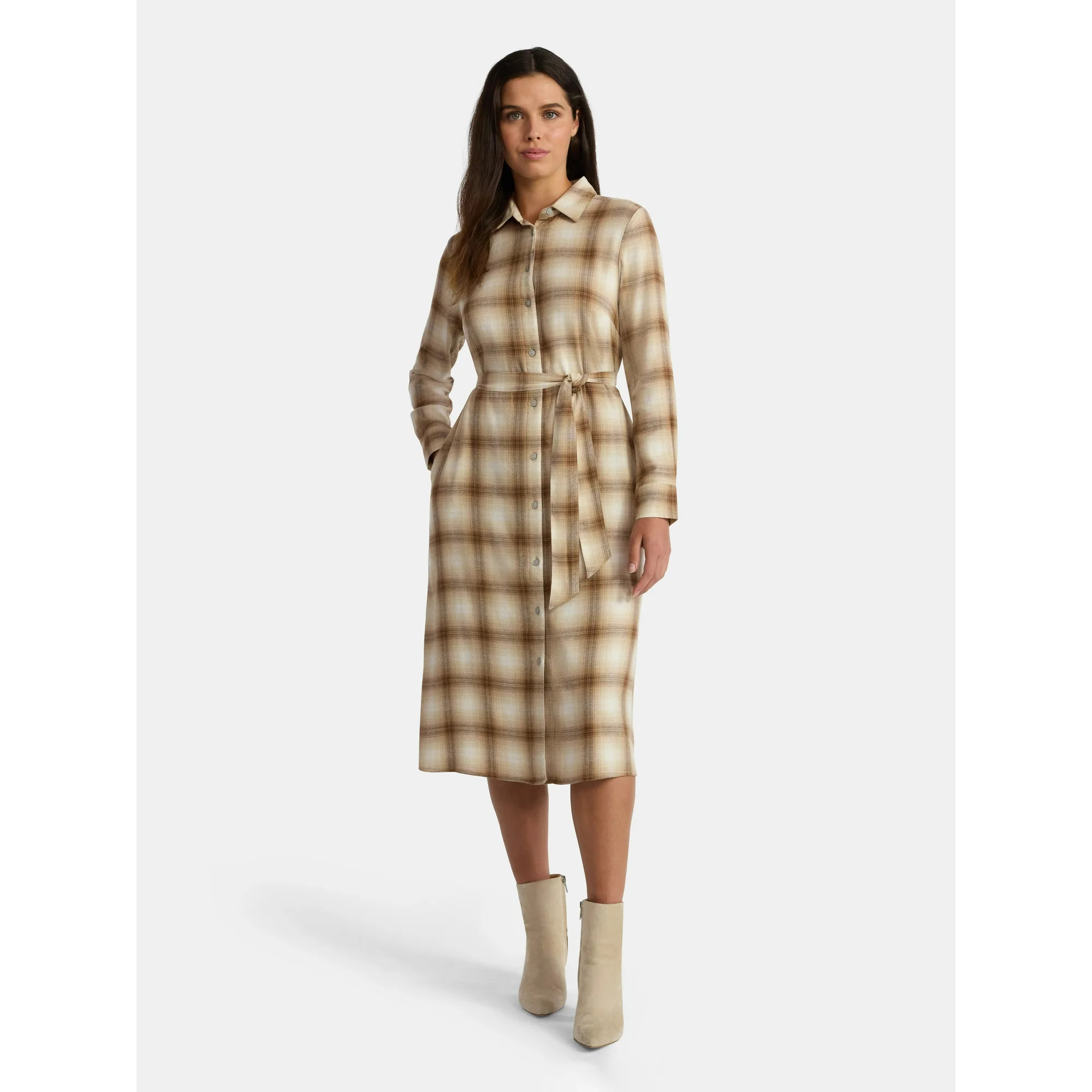 Time and Tru Women's Plaid Shirt Dress with Long Sleeves, Sizes XS-XXXL - Walmart.com | Walmart (US)