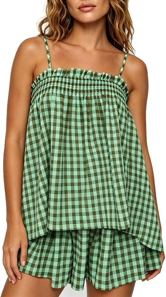 ROAONOCOMO Women Gingham 2 Piece Pajama Set Flowy Peplum Babydoll Cami Top Wide Leg Shorts Sets S... | Amazon (US)