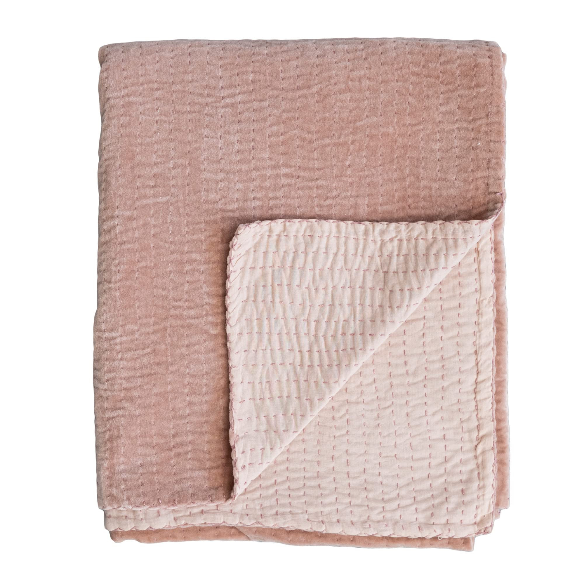 Creative Co-Op Cotton Velvet Kantha Stitch, Peach Throw Blanket, Pink | Amazon (US)