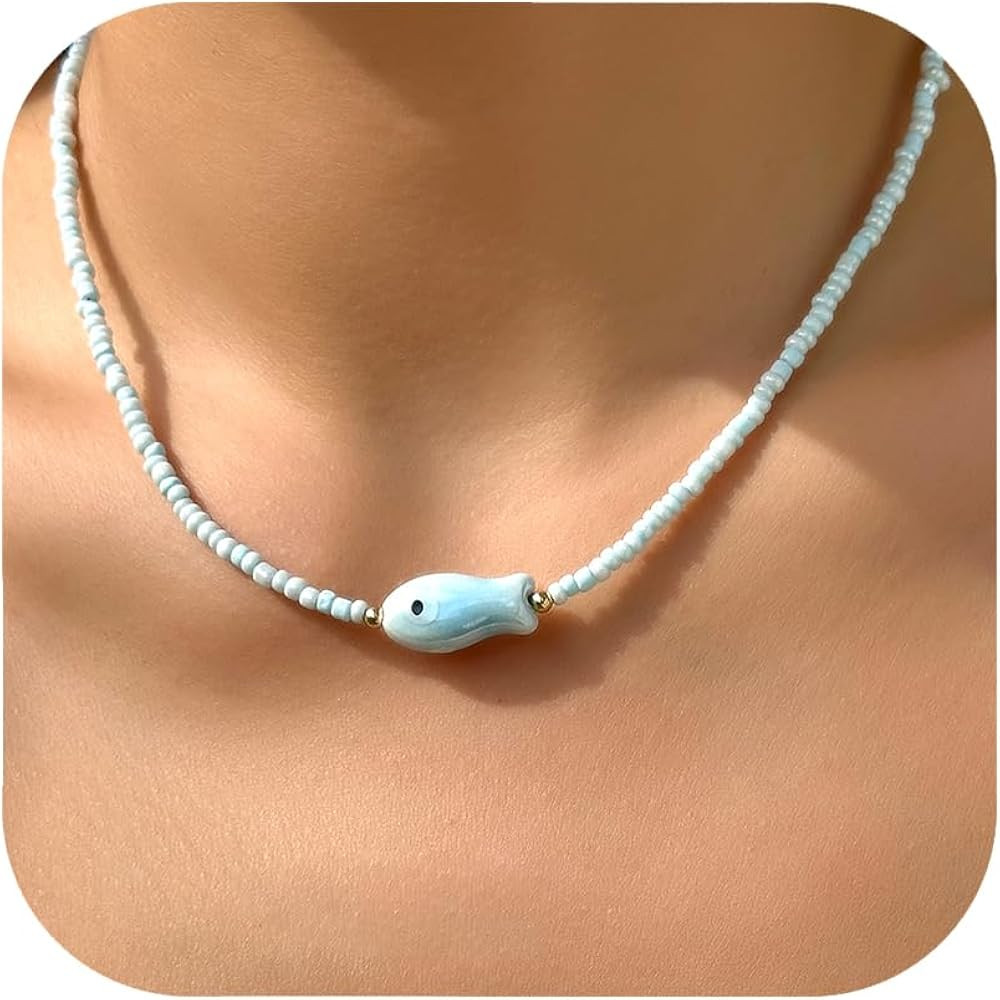 RINHOO Ceramic Fish & Starfish Charm Necklace Boho Handmade Bead Necklace OT Buckle Clasp Jewelry | Amazon (US)