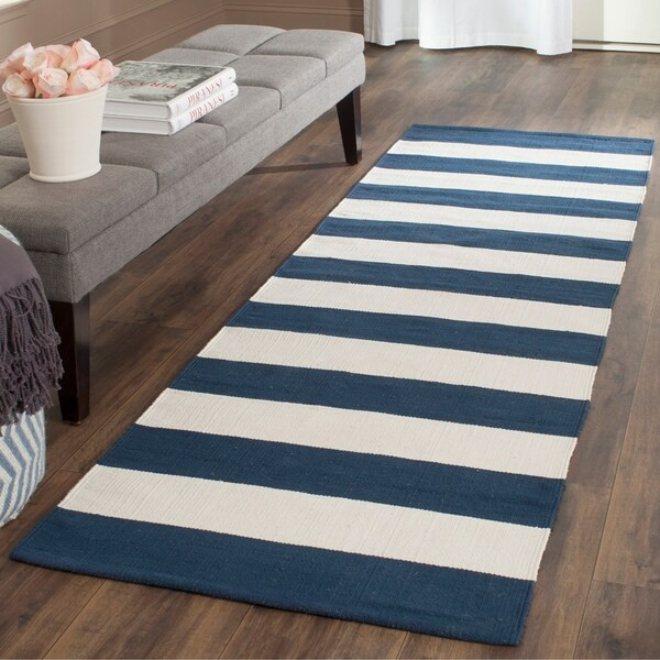 Safavieh Montauk Handmade Caspian Flatweave Navy / Ivory Stripe Cotton Rug - 2'3" x 6' Runner | Bed Bath & Beyond
