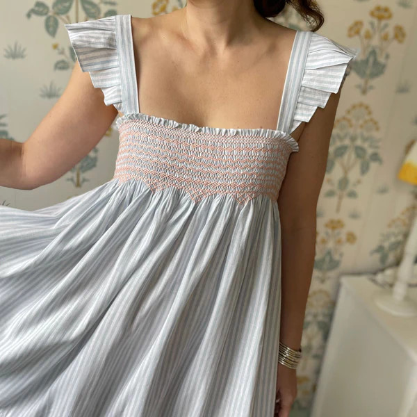 Rachel Carson Women's Dress/Skirt Oyster Bay Stripes with Coral Kiss Hand Smocking | Smock London