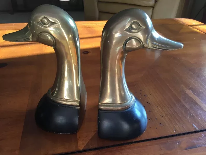 Vintage Pair Brass Duck Head Bookends 