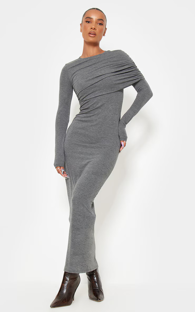 Charcoal Grey Overlay Long Sleeve Maxi Dress | PrettyLittleThing US