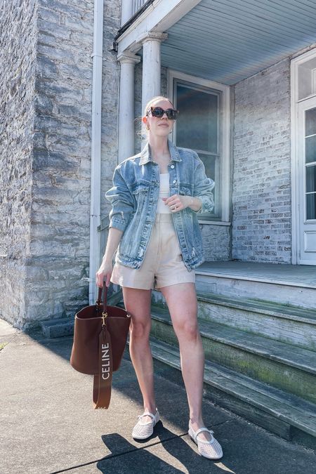 Oversized denim jacket with tank bodysuit, linen shorts, mesh ballerina flats

#LTKshoecrush #LTKfindsunder100 #LTKover40