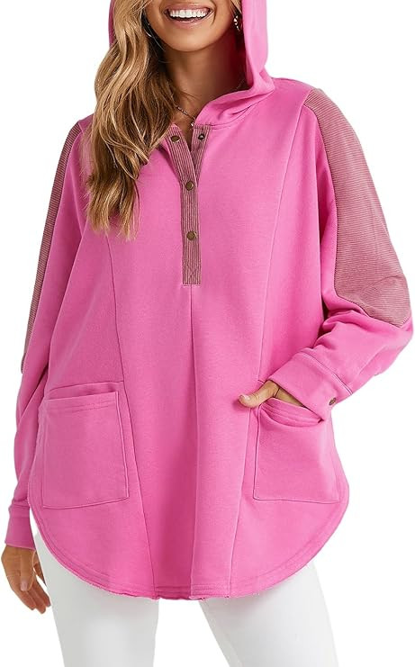 AlvaQ Women Oversized Sweatshirt Corduroy Patchwork Long Sleeve Button V Neck Hoodies Pullover Ho... | Amazon (US)