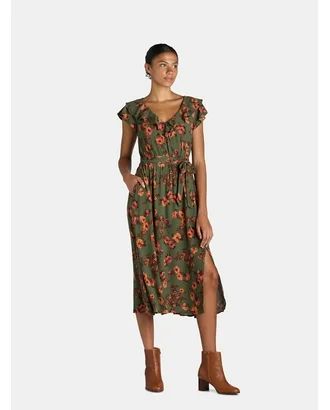 Time and Tru Women's and Women's Plus Ruffle Neck Midi Dress, Sizes XS-4X - Walmart.com | Walmart (US)