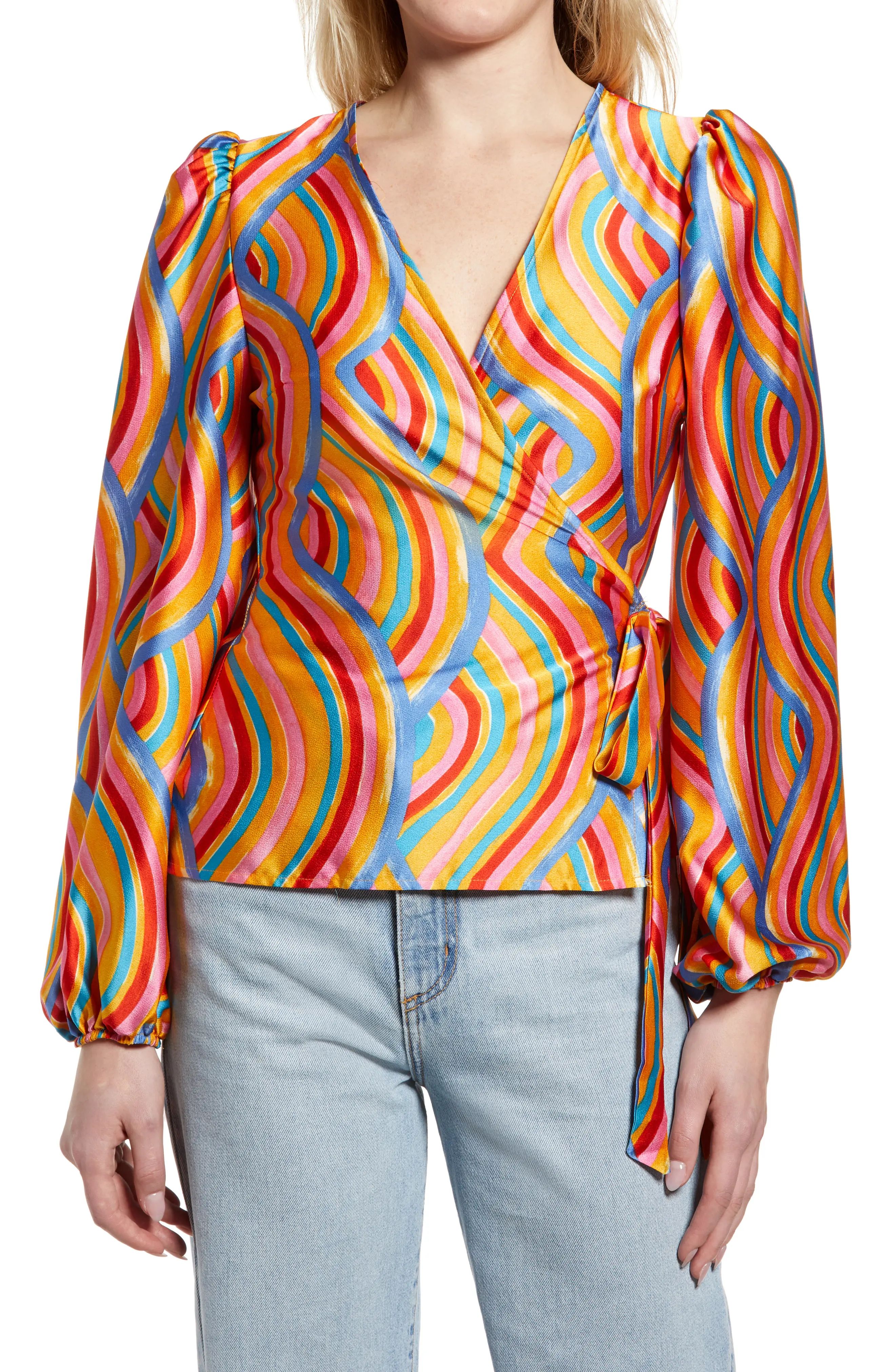 Women's Never Fully Dressed Rainbow Swirl Wrap Top, Size 4 - Yellow | Nordstrom