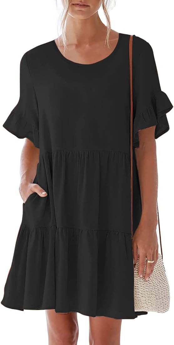 nclook Ruffle Dress Women's Summer Casual Dress Sweet & Cute Crewneck Mini Dress with Pocket Shor... | Amazon (US)