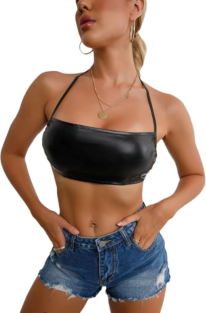 SheIn Women's PU Leather Halter Top Sleeveless Tie Backless Solid Cami Crop Top | Amazon (US)