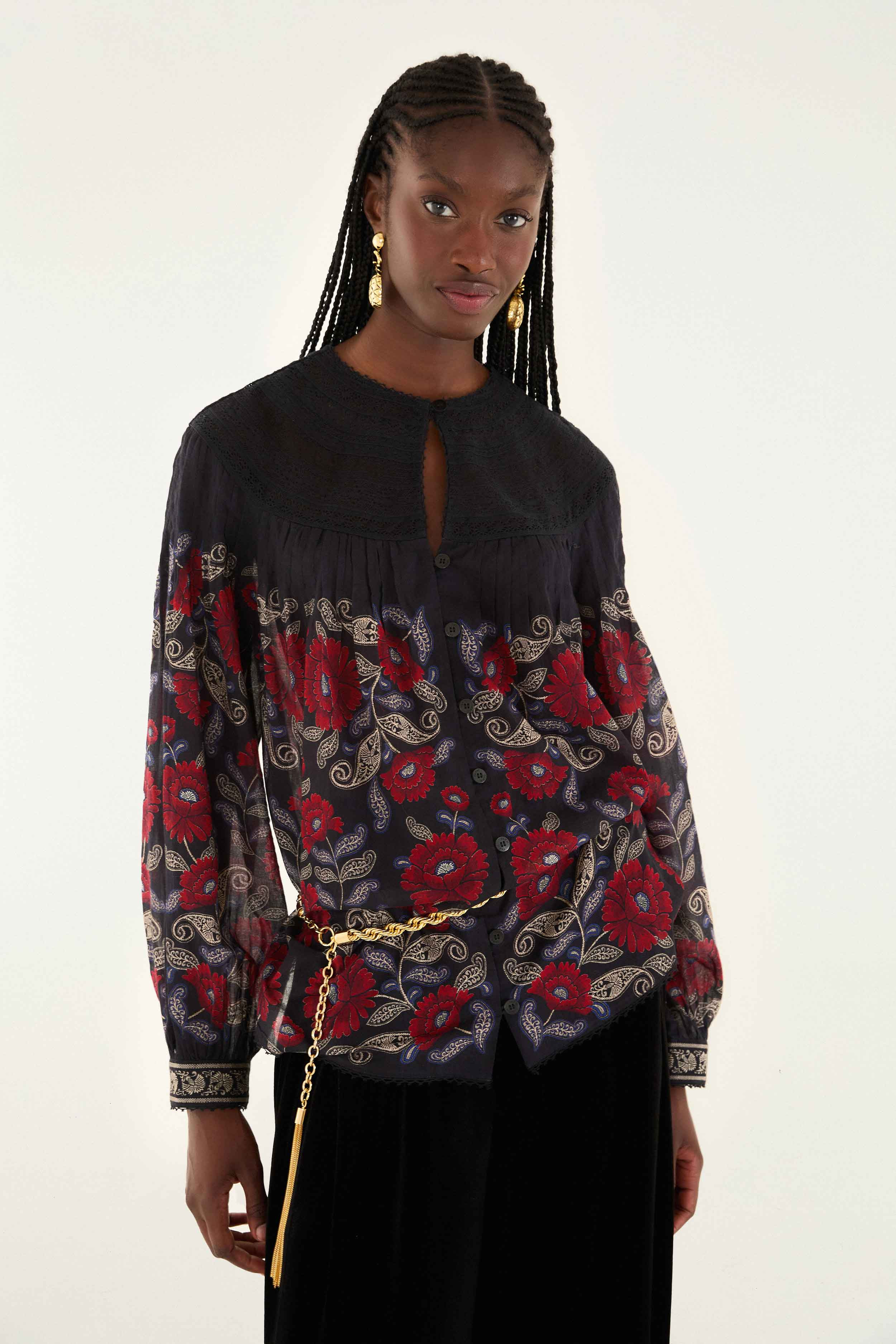 Black Valentina Long Sleeve Blouse | FARM Rio | FarmRio (US)