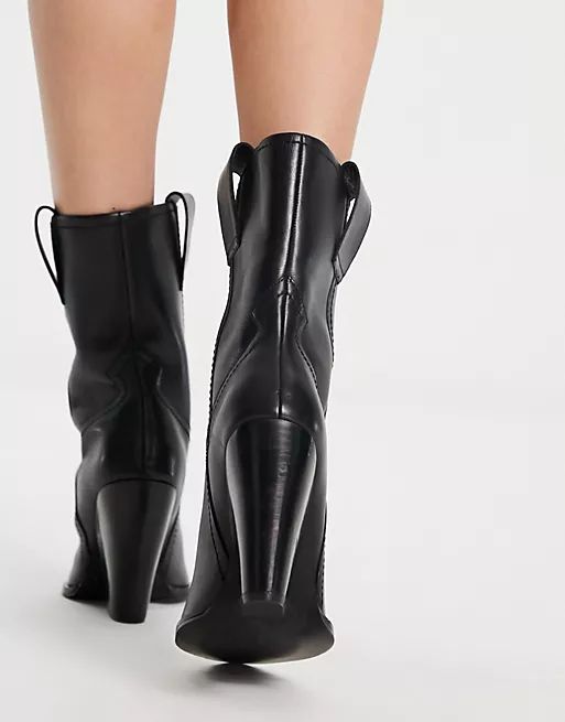 ASOS DESIGN Ranch leather mid-calf heeled western boots in black | ASOS (Global)