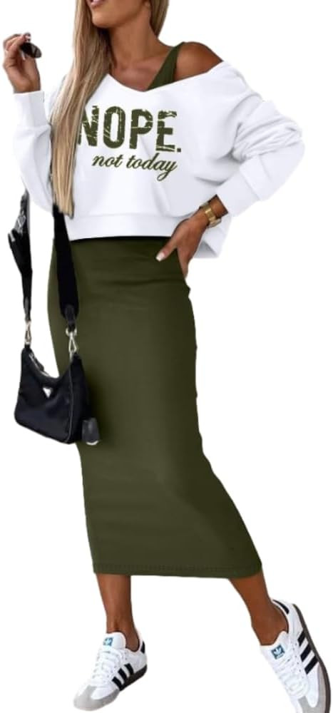 Women's Fall 2 Piece Sweater Set Long Sleeve V Neck Top Maxi Bodycon Skirt Casual Outfits Dress | Amazon (US)