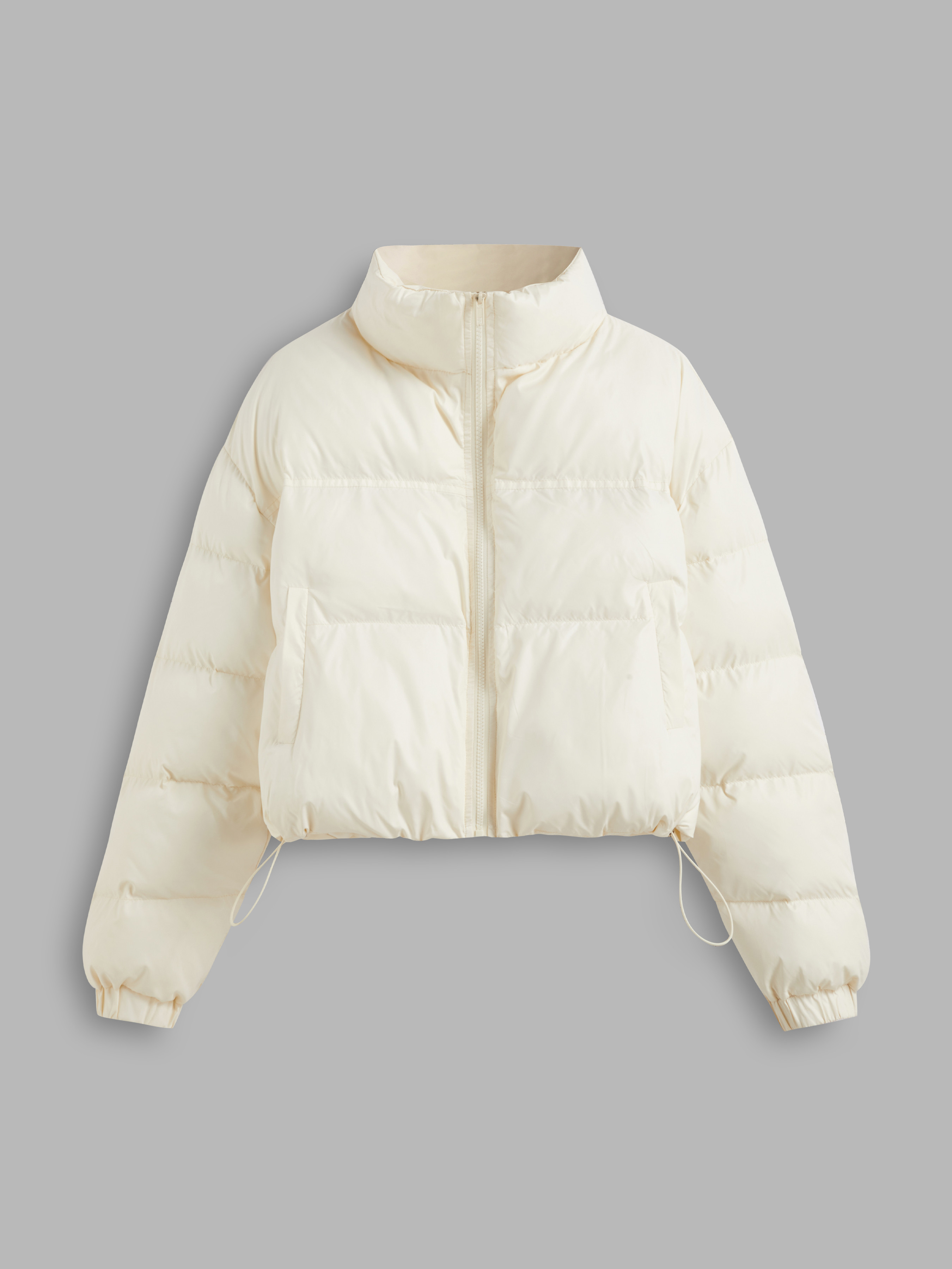 Basic & Thermal Woven Stand Collar Solid Zipper Drawstring Pocket Puffer For Daily Casual Outdoor | Cider