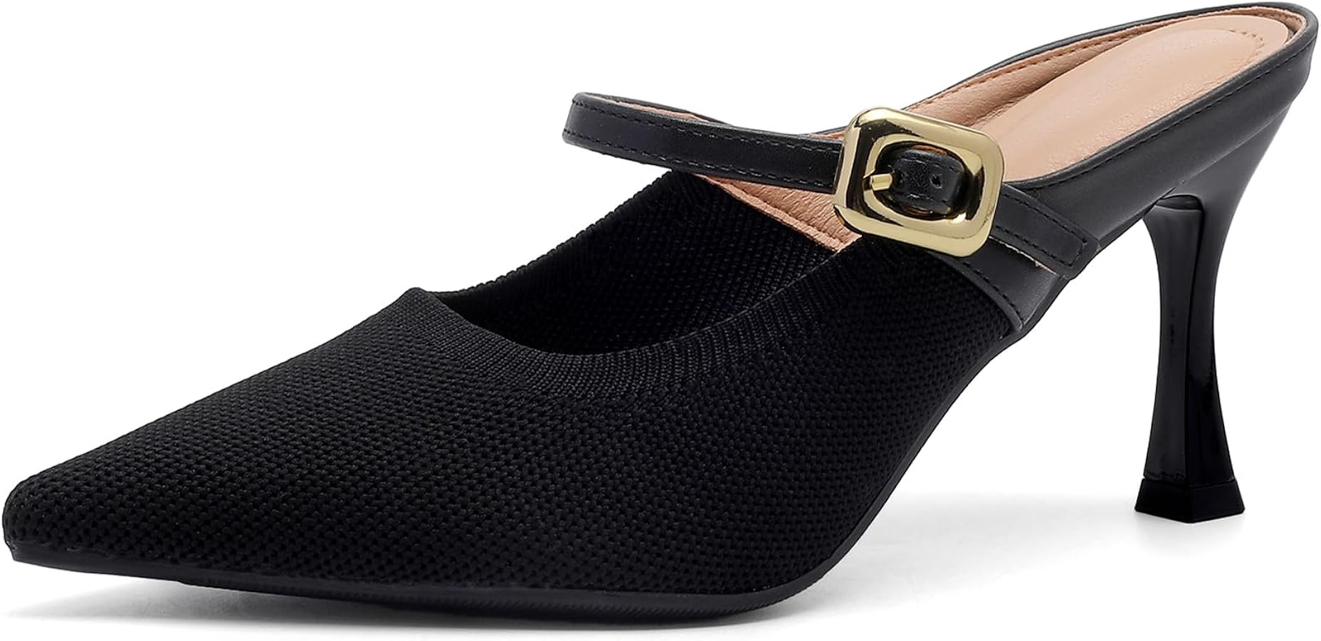 Women's Pointed Toe Heel Mules for Women Knit Heeled Sandals Buckle Strap Slip On Backless Dress ... | Amazon (US)