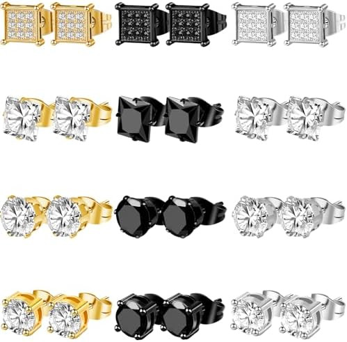 ONESING 12 Pairs Stud Earrings for Men Stainless Steel Mens Earrings Studs Hypoallergenic Cubic Z... | Amazon (US)