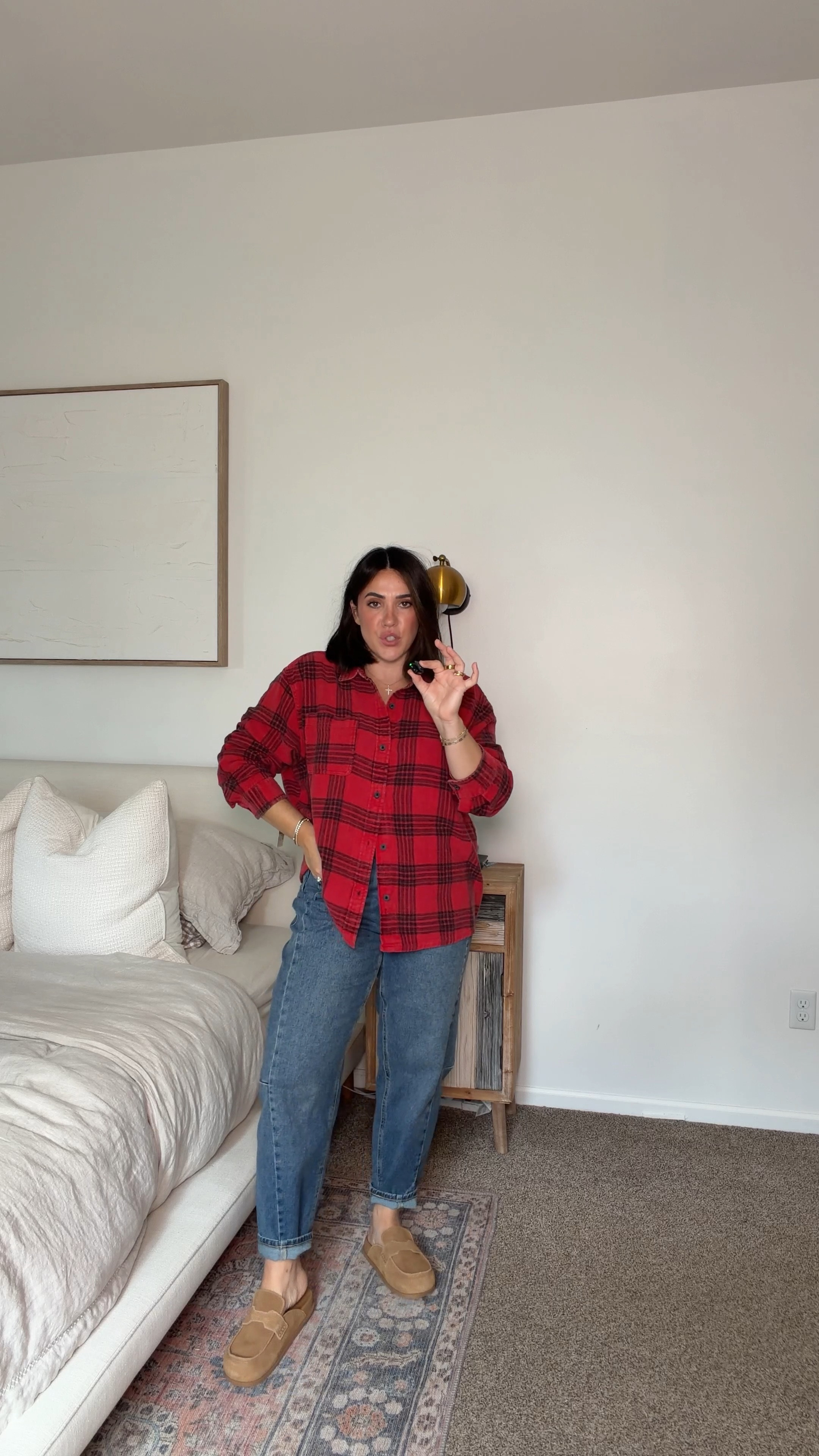 This look works best when you keep the top loose and the bottom steady, which helps with movement. I’m in a size M in top and 10 bottoms for this plaid shirt fall outfit

#LTKselfcare #LTKSeasonal