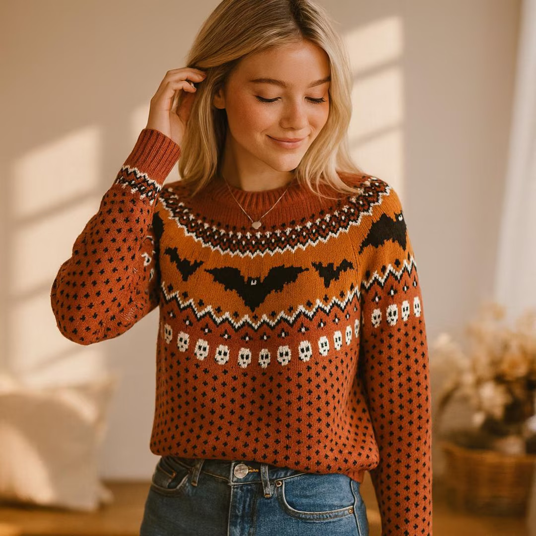 Adorable Halloween Fluffy Bat Print Sweater, Cute Skull Sweater for Women, Autumn Fall Sweater, W... | Etsy (US)