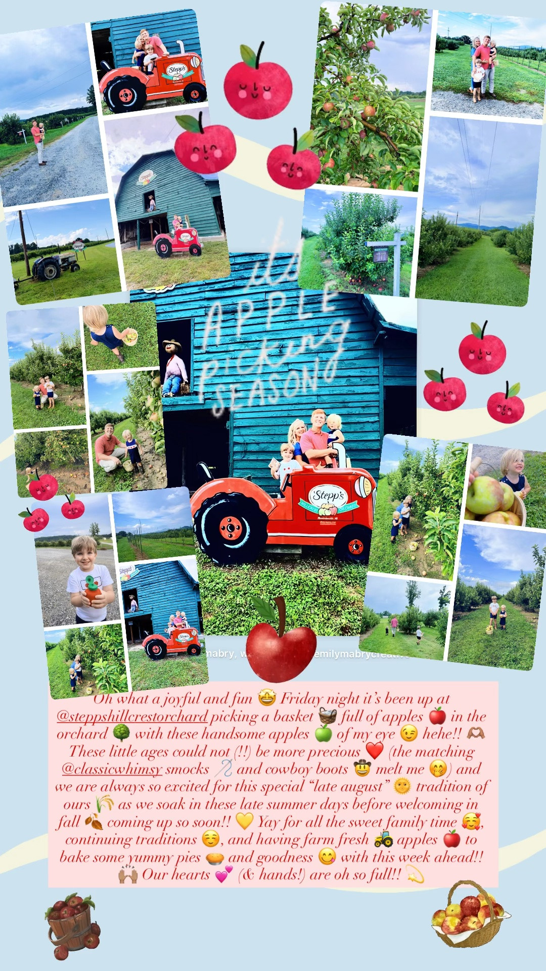 Oh what a joyful and fun 🤩 Friday night it’s been up at @steppshillcrestorchard picking a basket 🧺 full of apples 🍎 in the orchard 🌳 with these handsome apples 🍏 of my eye 😉 hehe!! 🫶🏽 These little ages could not (!!) be more precious ❤️ (the matching @classicwhimsy smocks 🪡 and cowboy boots 🤠 melt me 🤭) and we are always so excited for this special “late august” 🌞 tradition of ours 🌾 as we soak in these late summer days before welcoming in fall 🍂 coming up so soon!! 💛 Yay for all the sweet family time 🥰, continuing traditions ☺️, and having farm fresh 🚜 apples 🍎 to bake some yummy pies 🥧 and goodness 😋 with this week ahead!! 🙌🏽 Our hearts 💕 (& hands!) are oh so full!! 💫