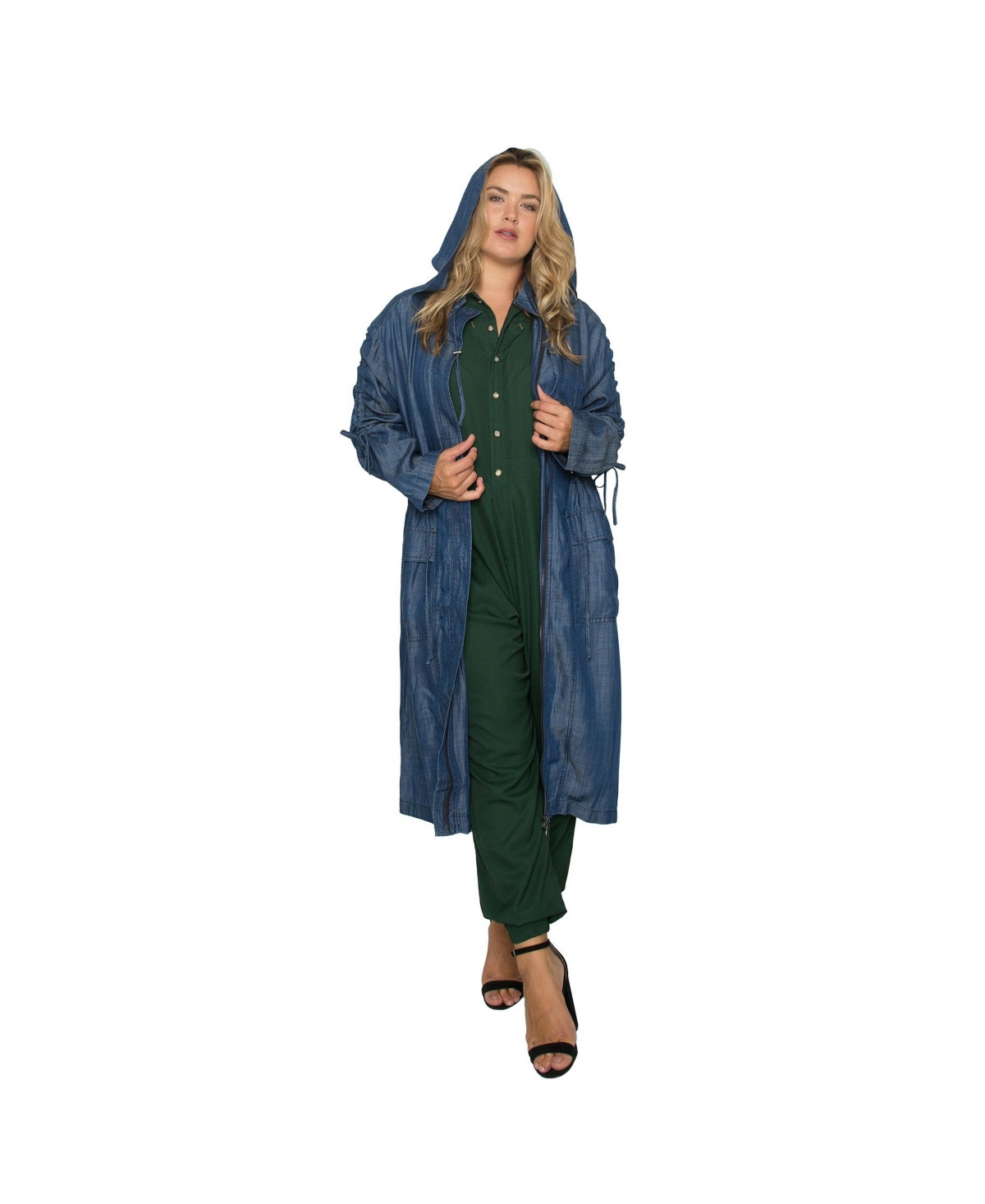 Women's Plus Size Denim Tencel Hooded Long Trench Coat - Dark indigo | Macy's