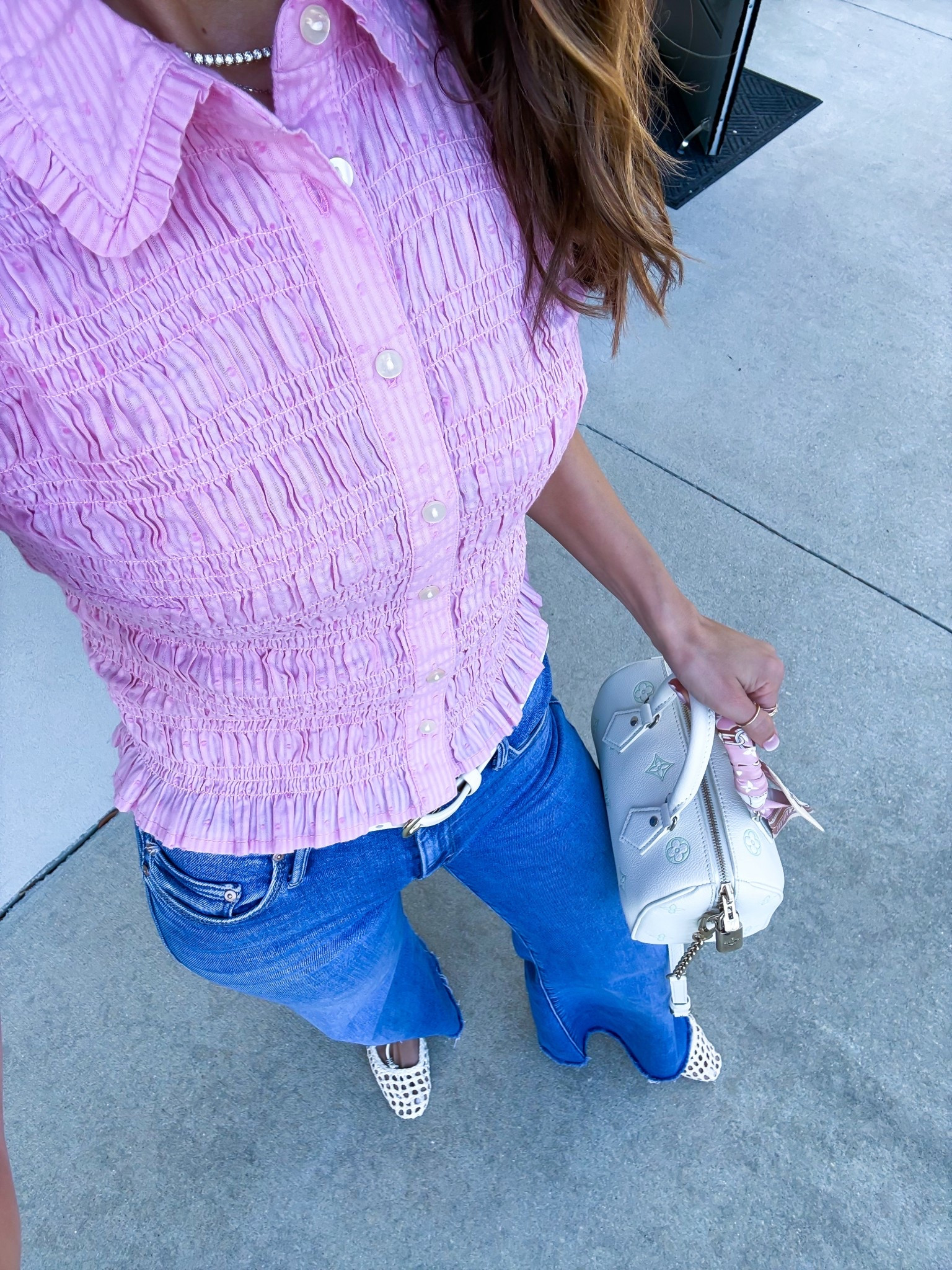 Walmart smocked pink top in XS. Mother PETITES The Lil Roller Fray in 24 petite - linking regular length, too!  Spring outfit of the day. Woven ballet flats are TTS. Spring style. Elevated casual. Mom outfit. Summer outfit. Summer style.


#LTKPetite #LTKSeasonal #LTKootd