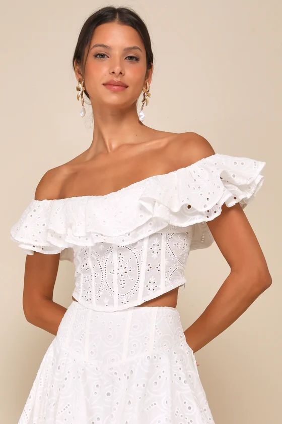 Lovely Season Ivory Eyelet Embroidered Off-the-Shoulder Crop Top | Lulus