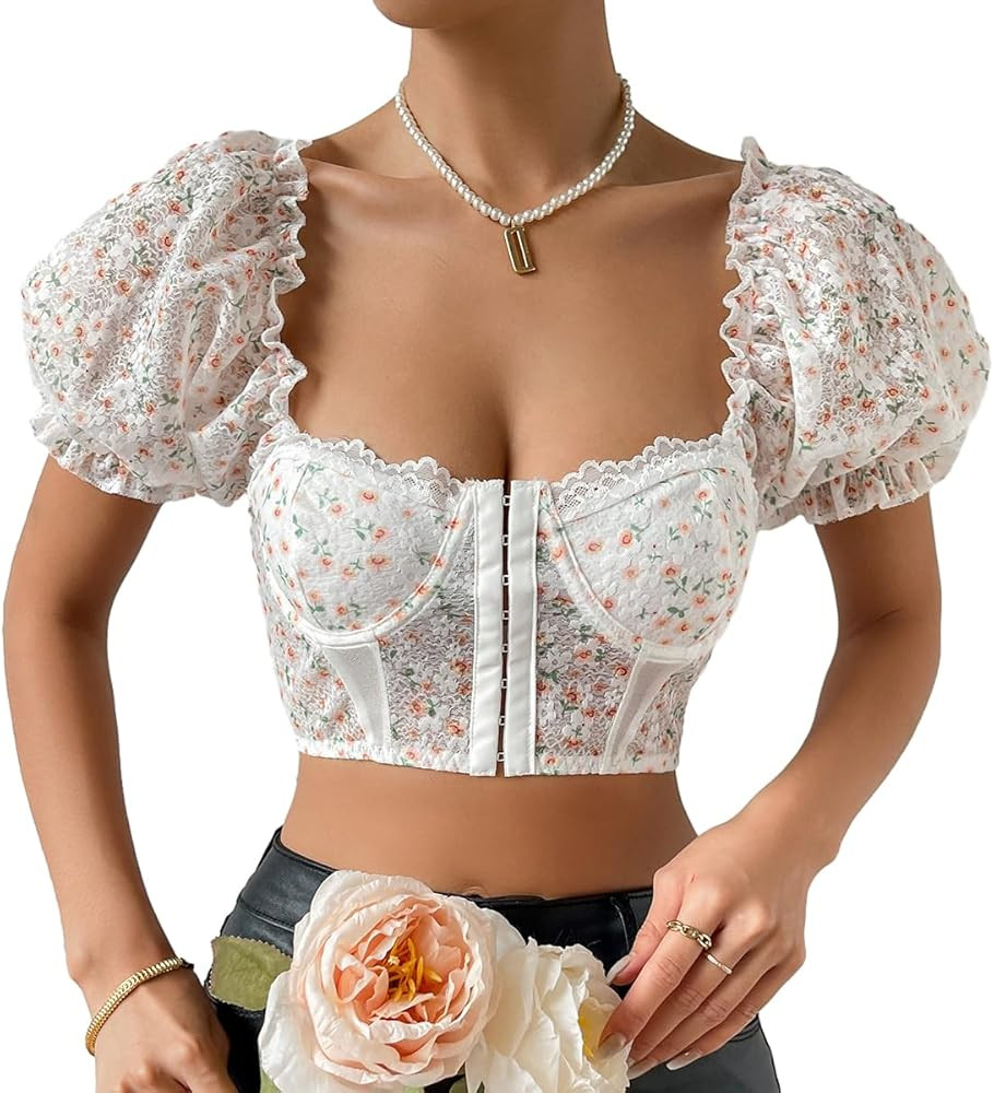 Women's Floral Embroidered Puff Sleeve Tops Slim Fit Corset Crop Top Sexy Bustier Tank Top T-Shir... | Amazon (US)