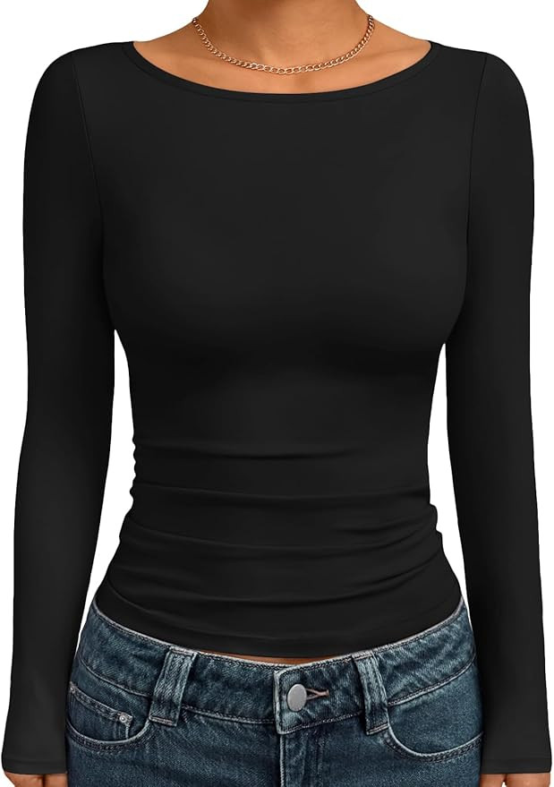 Trendy Queen Women's Boat Neck Tops Long Sleeve Shirts Casual Fitted Tee Shirts Solid Color Fall ... | Amazon (US)