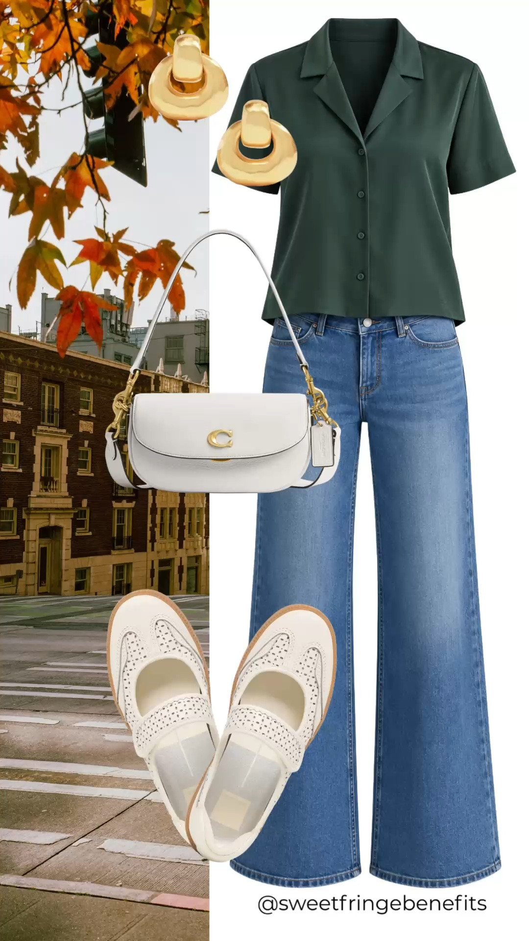 This is such a good example of how a simple outfit can still feel special. The deep green top with wide-leg jeans and those little white shoes feels easy, but the accessories give it just enough personality.

#LTKgrwm #LTKdayinmylife #LTKootd