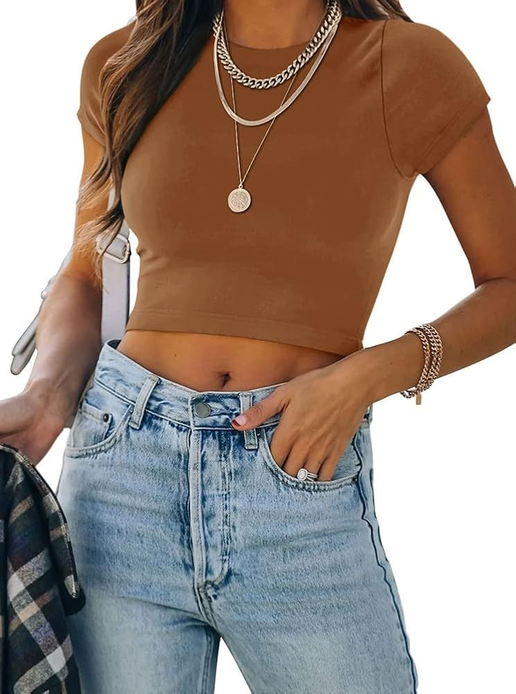 REORIA Women's Cute Short Sleeve High Neck Double Lined Tight T Shirts Crop Tops Tees | Amazon (US)