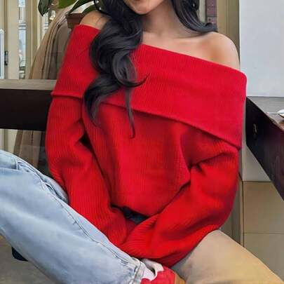 Women's Red Solid Color Off-Shoulder Long Sleeve Simple Y2K Tops, Women Red Sweater Dress, Y2K Casual Daily Wear,Christmas Outfit,Thanksgiving Day | SHEIN