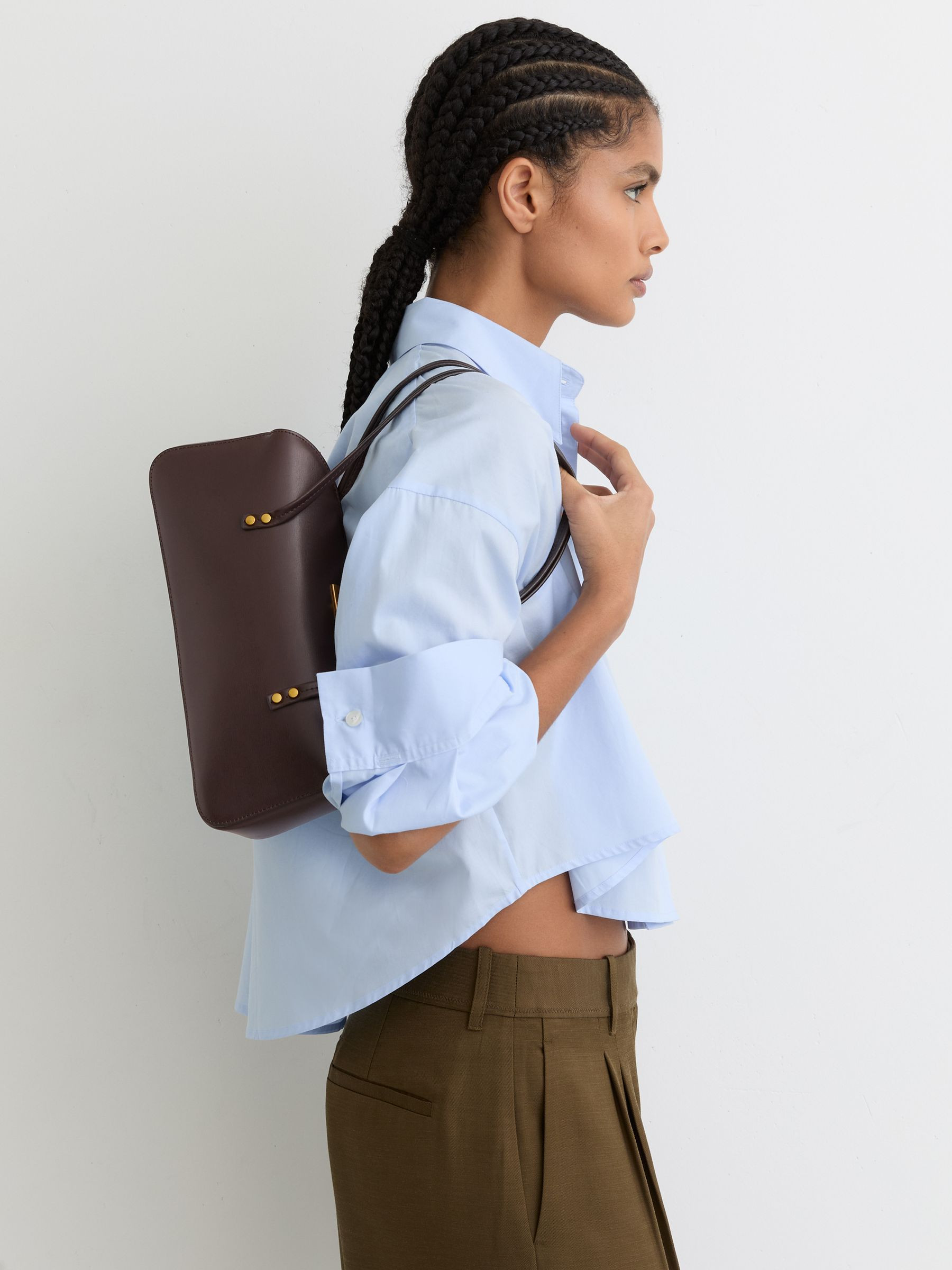 Reiss Leather Bowling Shoulder Bag in Chocolate | REISS | Reiss US