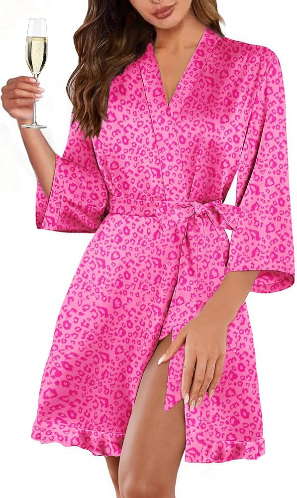 Ekouaer Women's Satin Robes Silk Kimono Bath Robe Short Ruffled Hem Bride Bridesmaid Sleepwear wi... | Amazon (US)