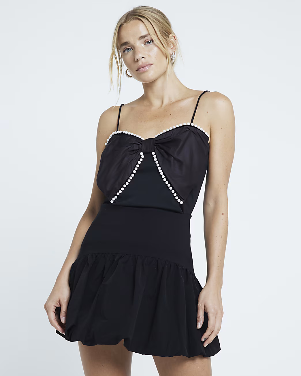 Black bow pearl trim cami top | River Island (UK & IE)