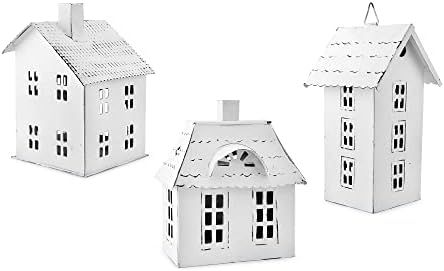 Amazon.com: AuldHome Farmhouse Decor Tin Houses (Set of 3, White); Candle Lantern Decorative Holi... | Amazon (US)