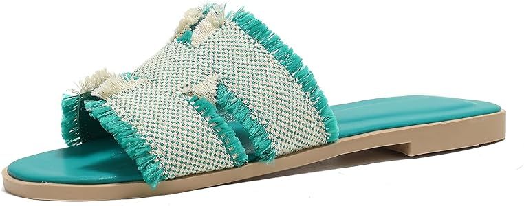 Stratuxx Kaze Women's Flat Slides Sandals Open Toe Flat Sandals Fringe Flats Sandals | Amazon (US)