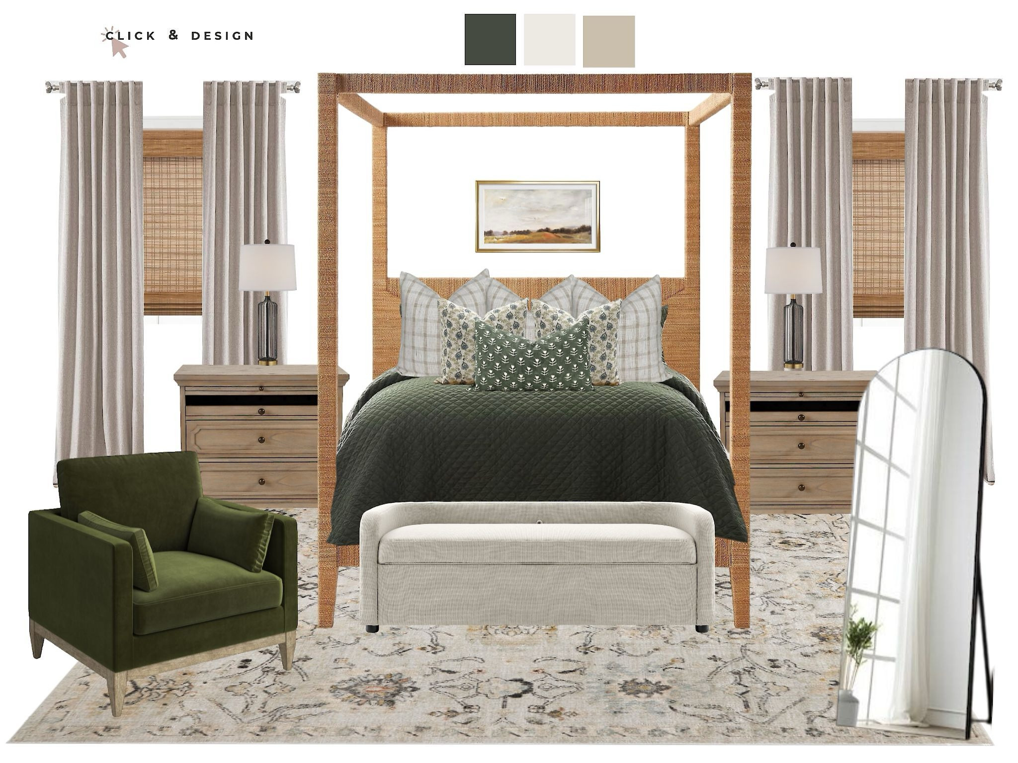 Neutral primary bedroom design with pops of green and classic textiles. 

#LTKHome