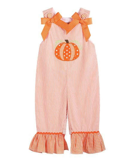 Orange Seersucker & Gingham Pumpkin Bow-Accent Ruffle Overalls - Infant & Toddler | Zulily