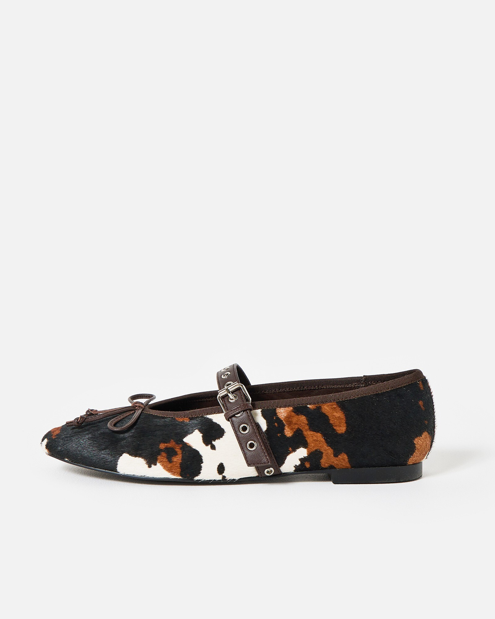 Bibi Lou Nashira Brown Cow Print Ballet Flats, size UK 3 | Oliver Bonas (Global)