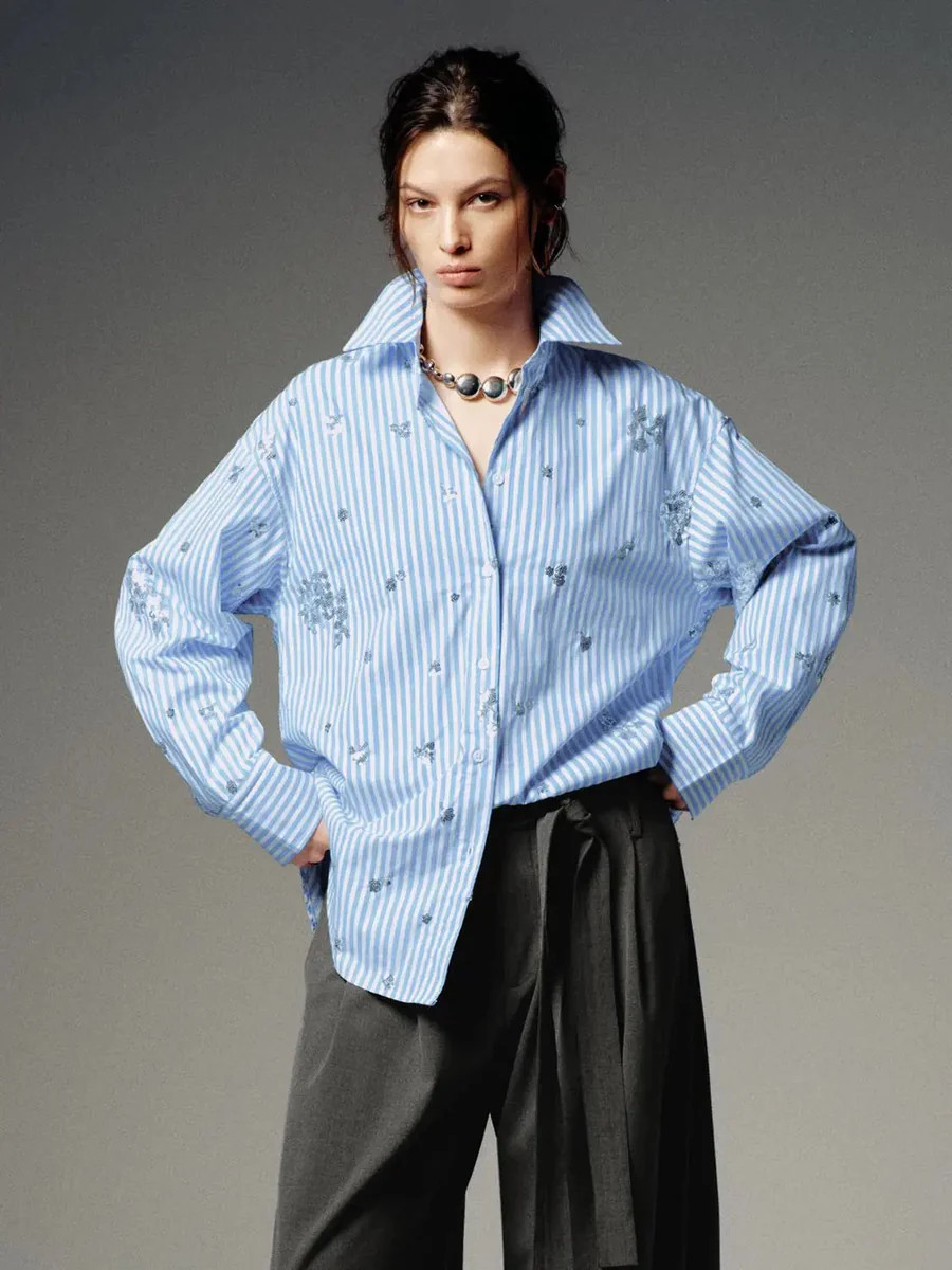 Cotton Sequin Detail Loose Fit Vintage Shirt | Urban Revivo