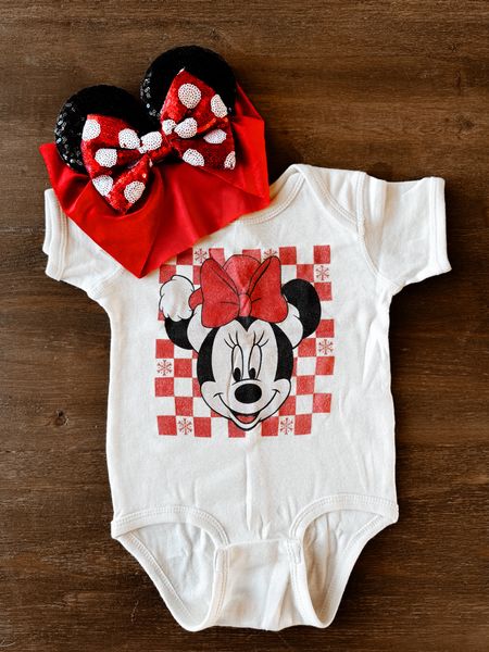 Baby girl Disney outfit 

Disney Christmas outfit 
Minnie Mouse onesie. 
Minnie Mouse headband ears 

#LTKbaby #LTKtravel #LTKkids