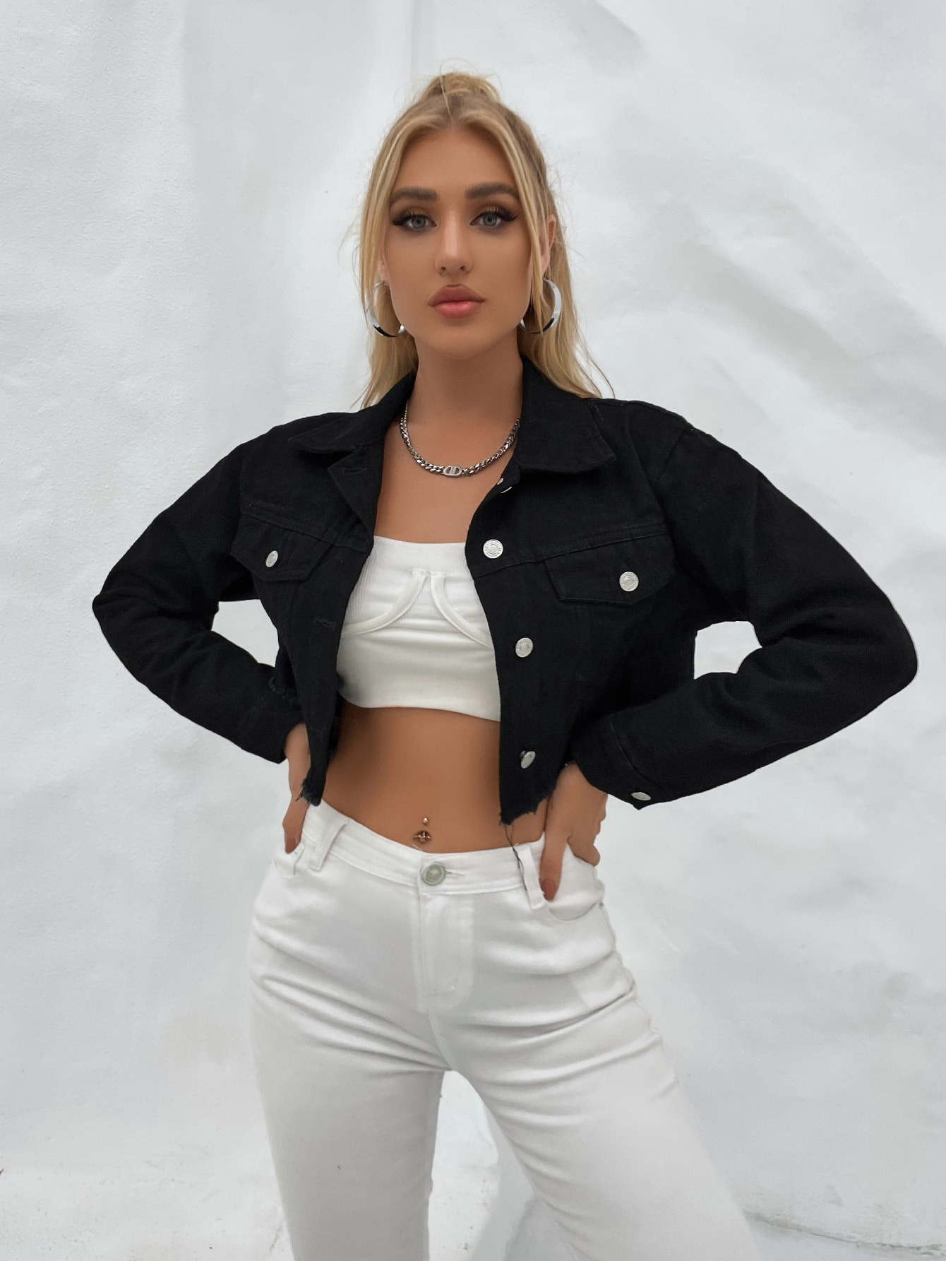 Drop Shoulder Raw Hem Denim Jacket | SHEIN